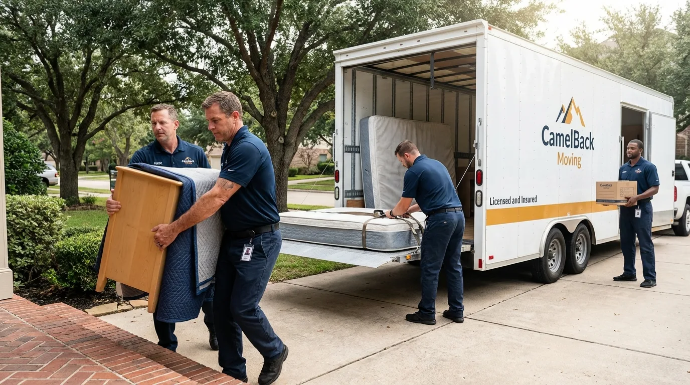 Crew loading residential truck for cross-state move from Caldwell, ID