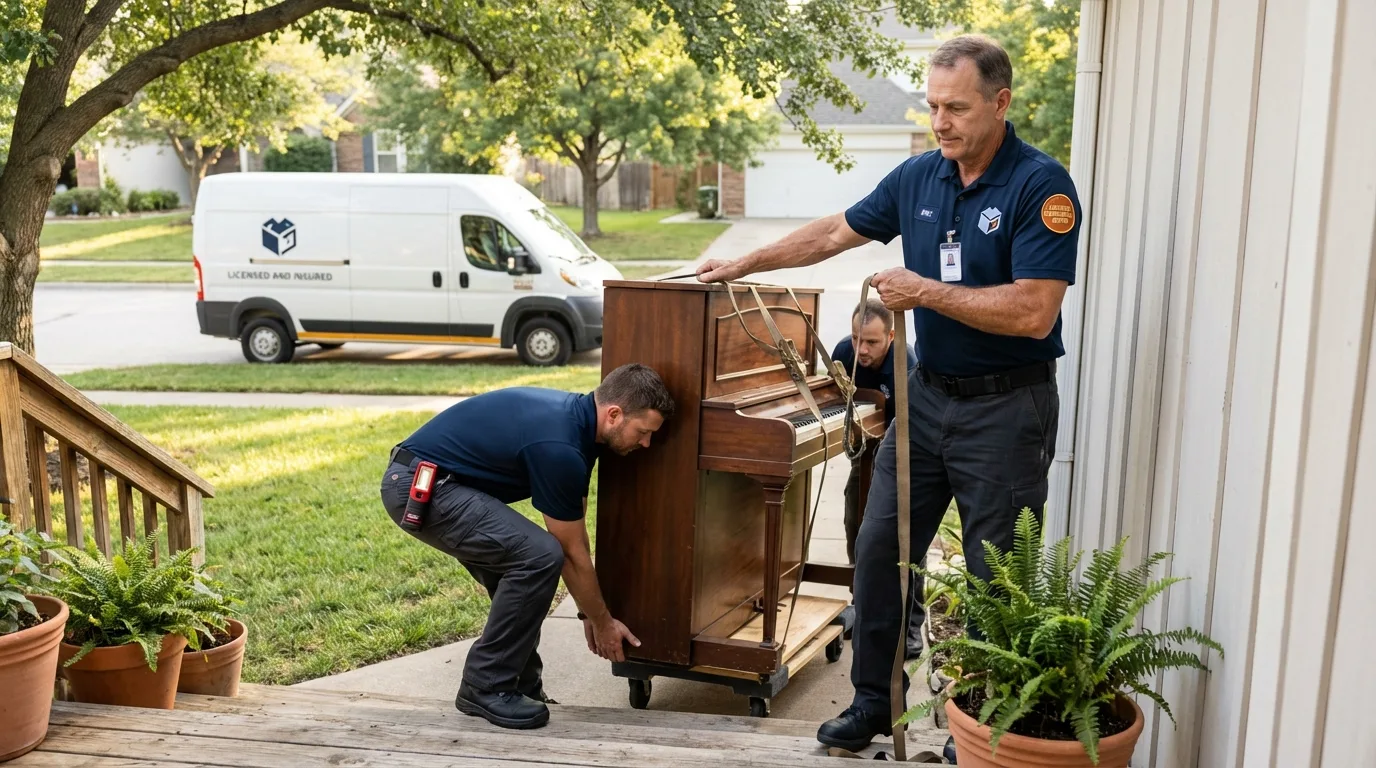 Licensed piano movers securing grand piano in Caldwell, ID