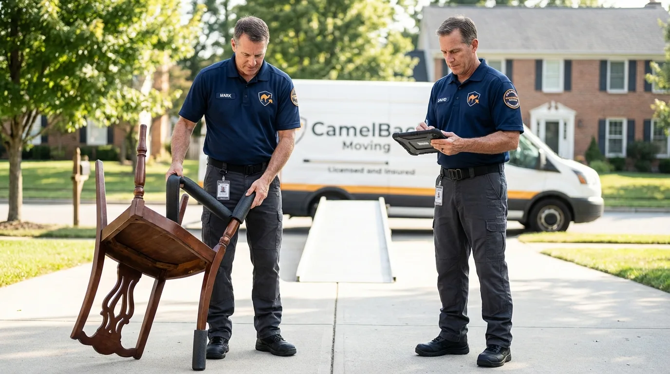 Movers inspecting furniture for damage prevention before loading in Caldwell, ID