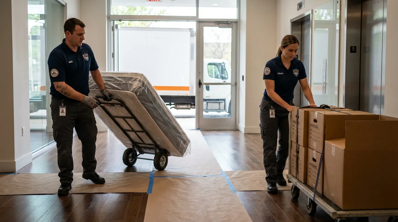 Professional apartment movers loading elevator in Caldwell, ID